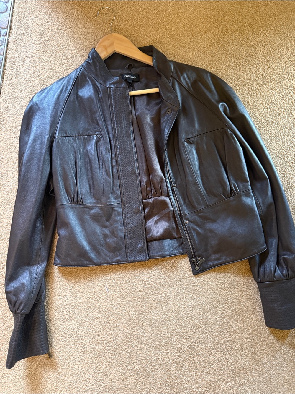 Bebe Dark Brown Leather Zip Jacket